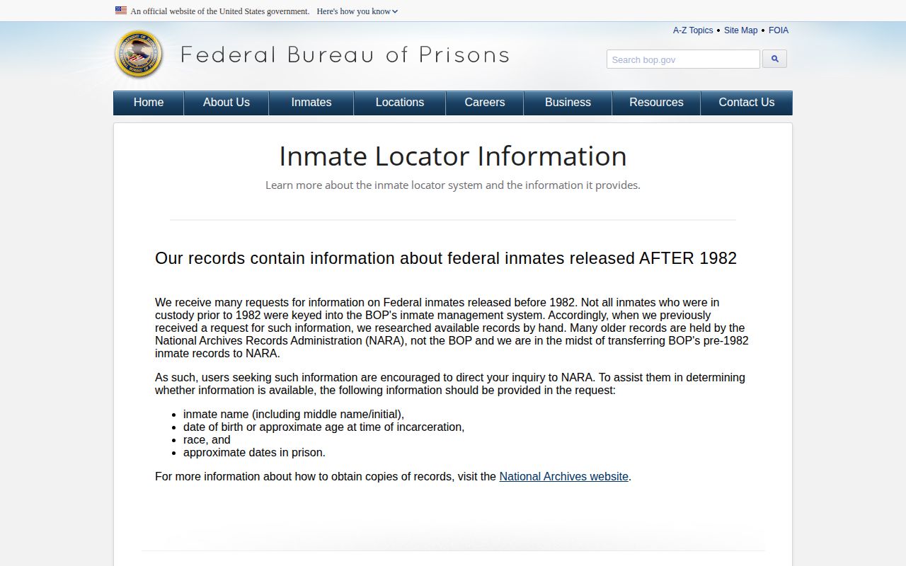 Federal Bureau of Prisons release date and custody-status explanations