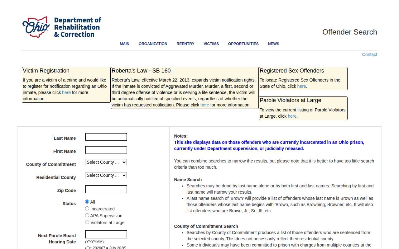 ODRC offender search with Clark County and released supervision status filters